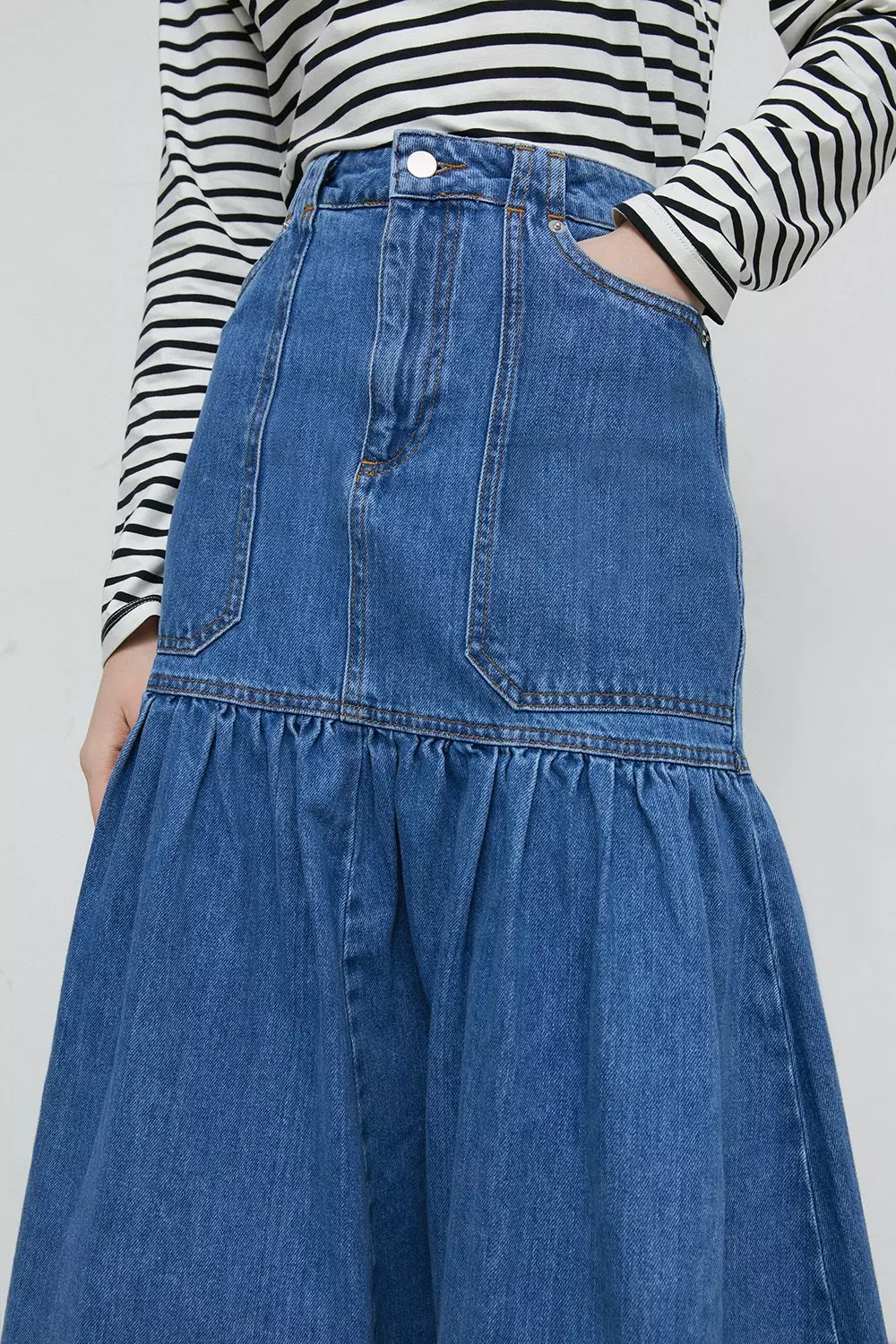 Denim Utility Gathered Seam Midi Skirt